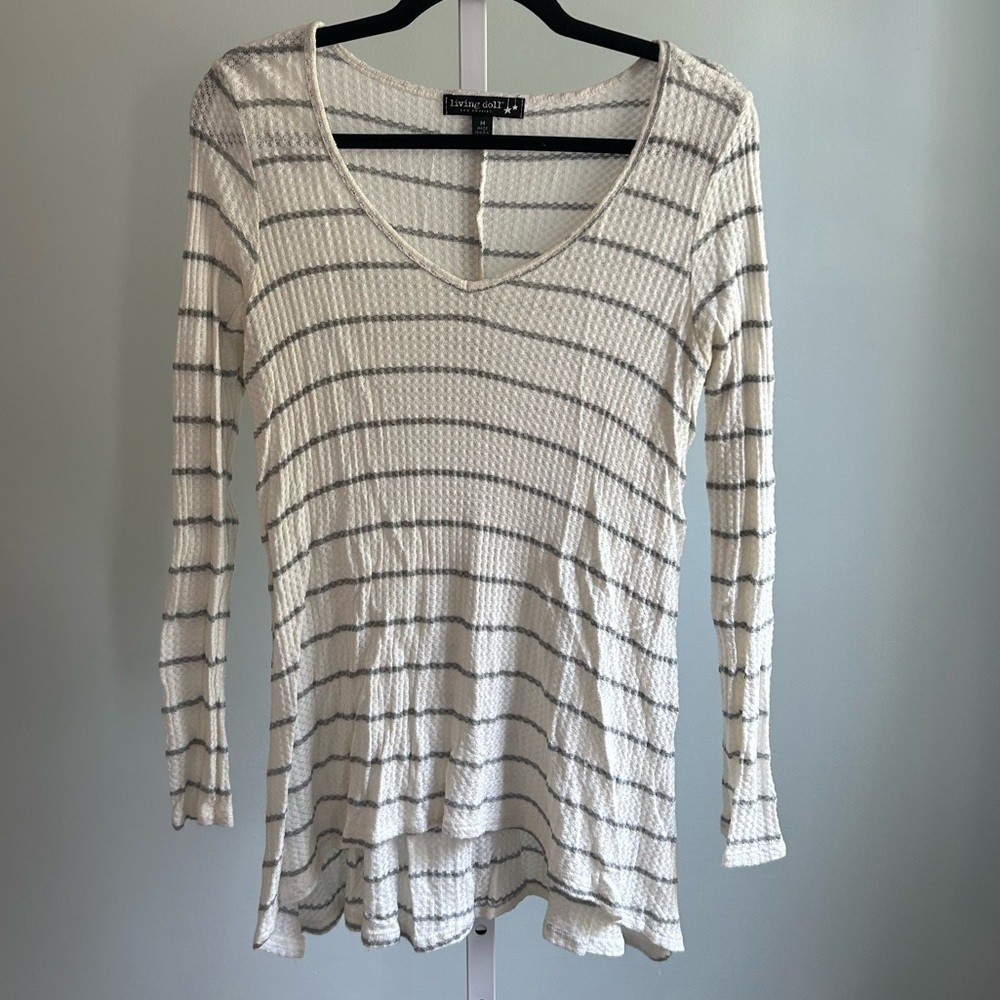 Living Doll White Gray Stripe Lightweight Long Sleeve Top